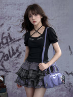 Dark Halter-Neck Puff-Sleeve Summer Top