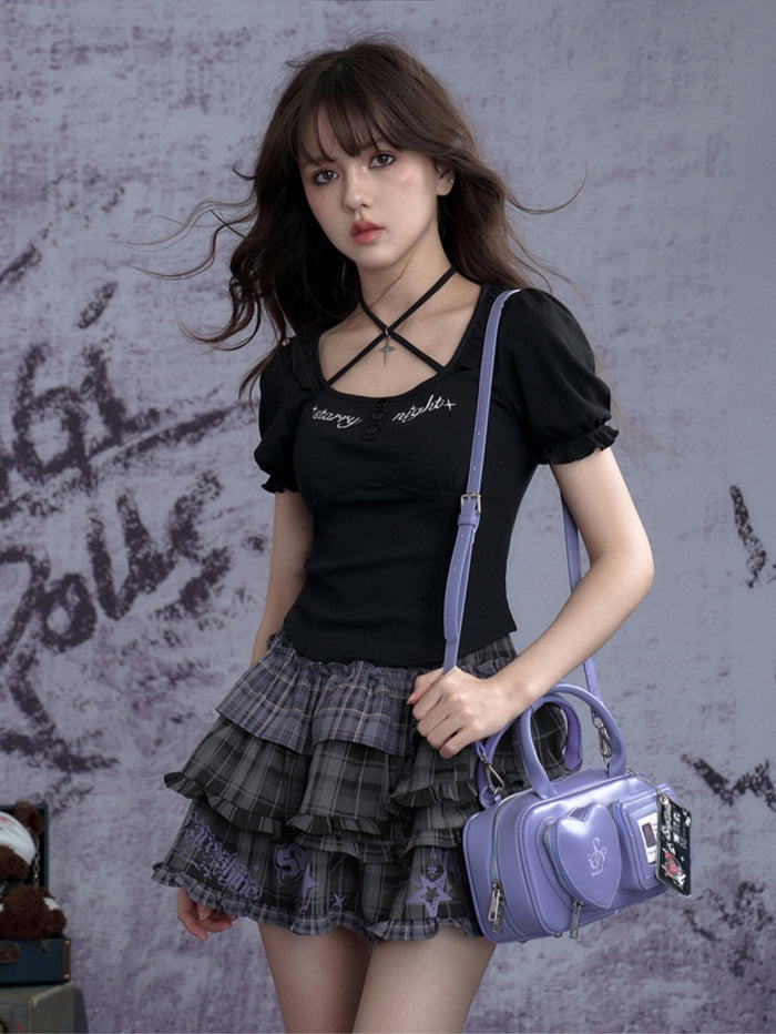 Dark Halter-Neck Puff-Sleeve Summer Top