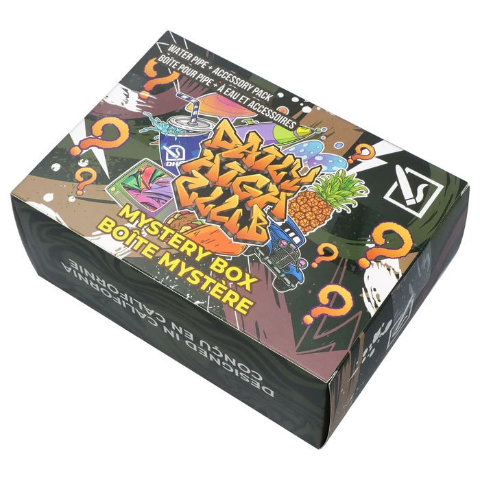 Angled top-down view of the colorful DHC - Mystery Box - Chronic Curse with graffiti art, pineapple and question marks on the lid.