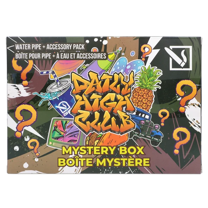 Top-front view of a colorful graffiti-style box labeled DHC - Mystery Box - Chronic Curse with question marks, pineapple and retro car graphics.