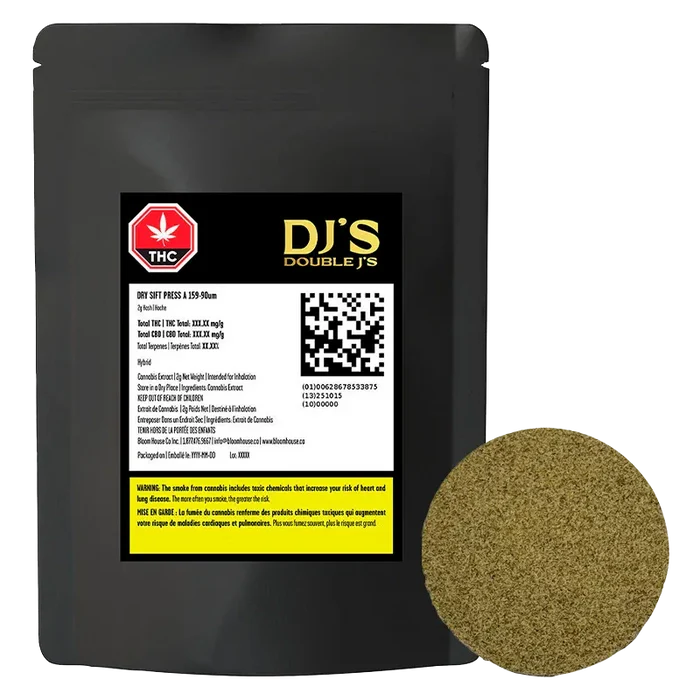 Front-facing black pouch labeled "DJ'S Double J's Dry Sift Press Hash" with a white product label and a round pressed hash puck shown beside it.