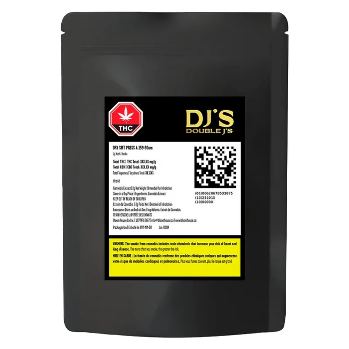 Front-facing shot of a black pouch with a centered label reading "DJ'S Double J's Dry Sift Press," a THC symbol, QR code, and yellow warning block.