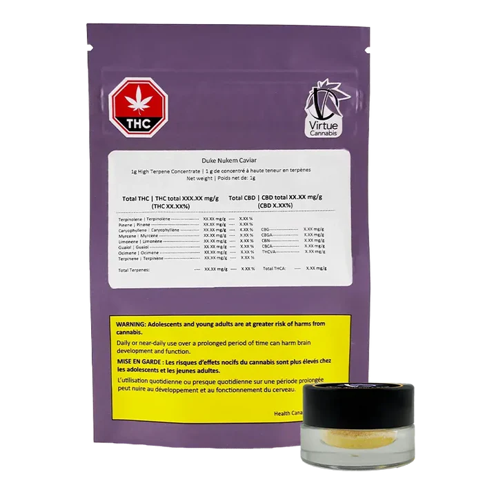 Rear view of the purple Virtue Cannabis Duke Nukem Caviar pouch with a white label and warning block, shown beside a small glass concentrate jar.