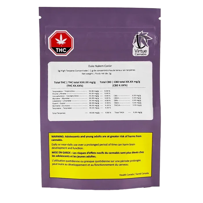Rear view of a purple pouch labeled Duke Nukem Caviar with a white info panel, red THC icon top-left and a yellow health warning near the bottom