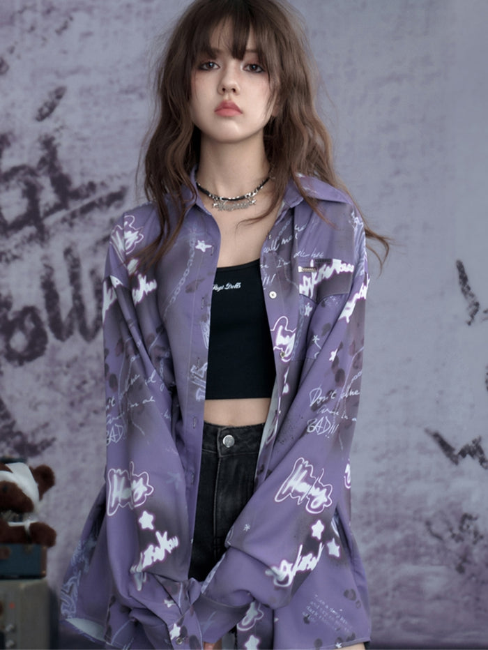 Edgy Purple Graffiti Print Oversized Shirt