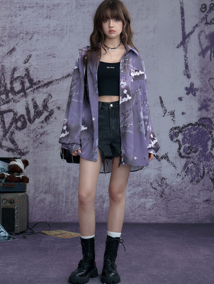 Edgy Purple Graffiti Print Oversized Shirt
