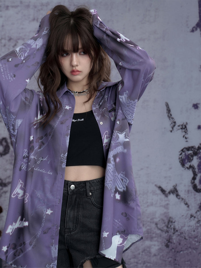 Edgy Purple Graffiti Print Oversized Shirt