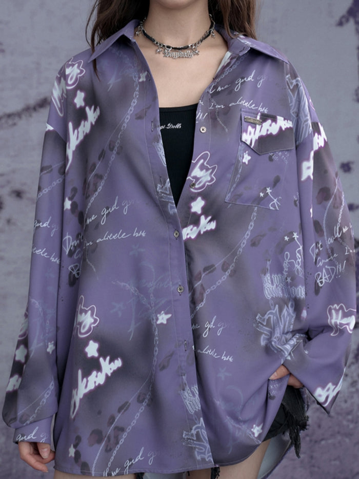 Edgy Purple Graffiti Print Oversized Shirt