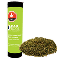 Tall green canister labeled "Electric Lemonade" standing behind a loose pile of shredded green herb on a white background.