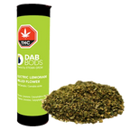 Tall green canister labeled "Electric Lemonade" standing behind a loose pile of shredded green herb on a white background.