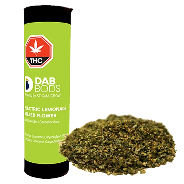 Tall green canister labeled "Electric Lemonade" standing behind a loose pile of shredded green herb on a white background.