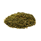 Close-up of a small mound of dried green herb on white background labeled Electric Lemonade.