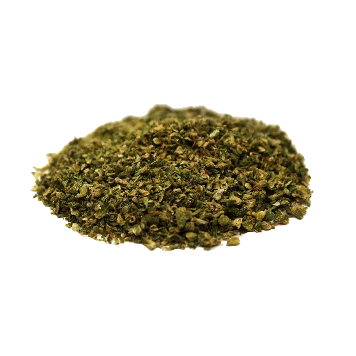 Close-up of a small mound of dried green herb on white background labeled Electric Lemonade.