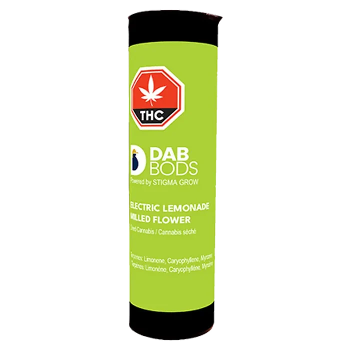 Tall, front-facing shot of the Dab Bods Electric Lemonade tube with bright lime-green label and red THC symbol.