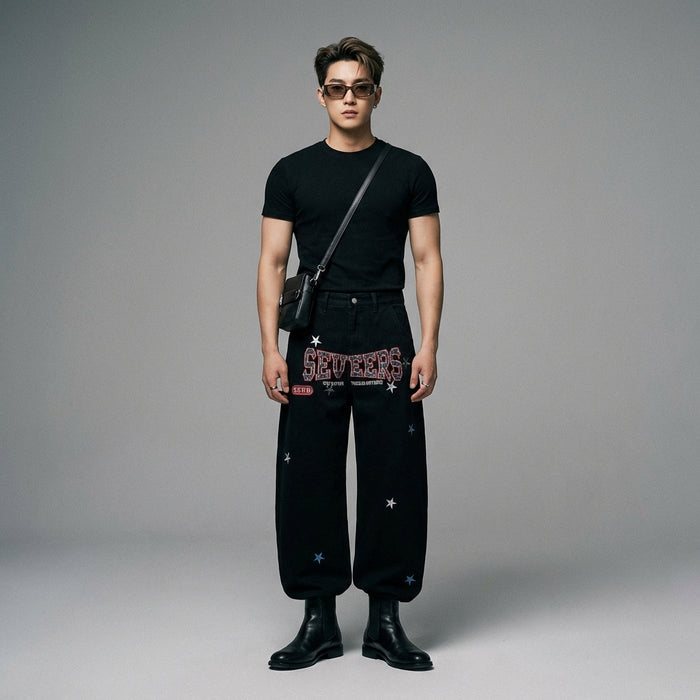 Pantalon large brodé décontracté unisexe - Mode K-fashion - Taille S