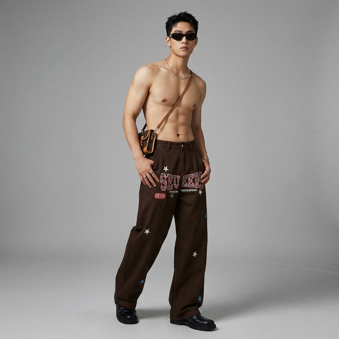 Pantalon large brodé décontracté unisexe - Mode K-fashion - Taille S