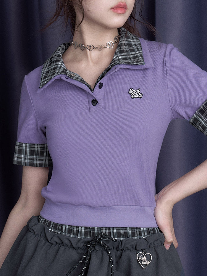 Faux Two-Piece Plaid Spliced Short-Sleeve T-Shirt