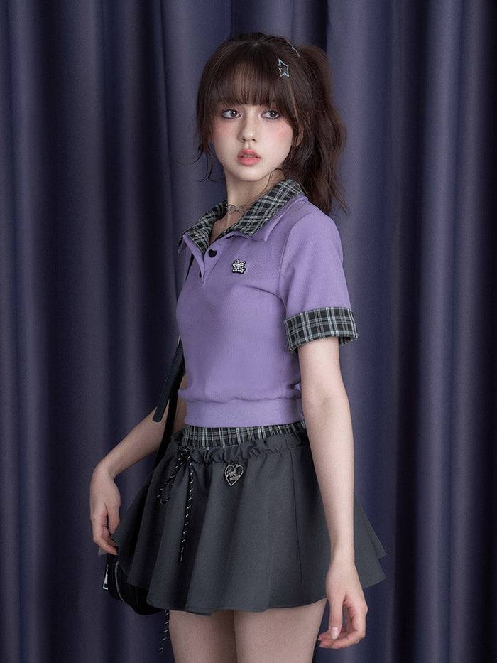 Faux Two-Piece Plaid Spliced Short-Sleeve T-Shirt