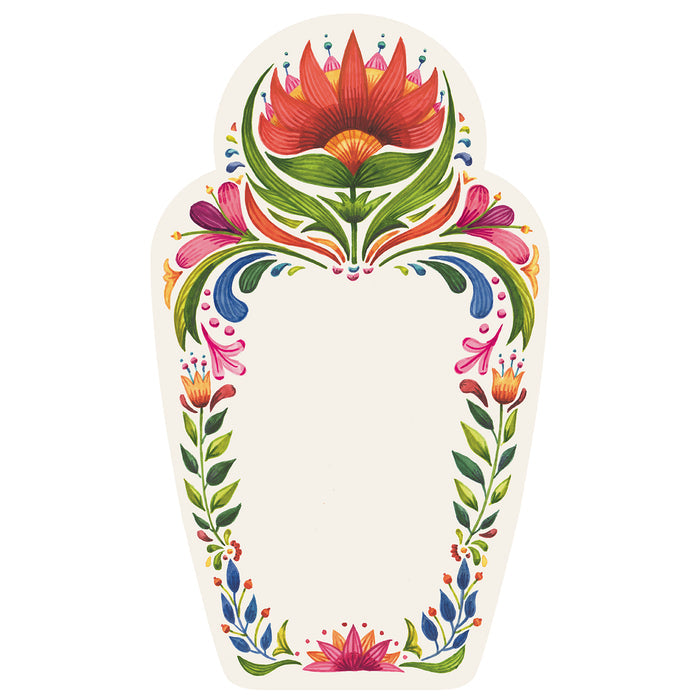 A colorful Hester & Cook Fiesta Floral Table Card design on a white background with ample writing space.