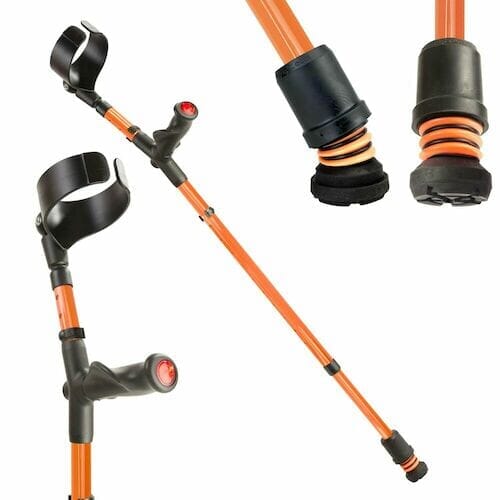 Flexyfoot Comfort Grip Double Adjustable Crutch: single elbow crutch on a plain background with an ergonomic handle, adjustable height and open cuff.