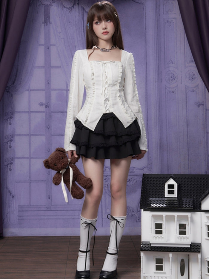 French sweet tie-front white square-neck blouse