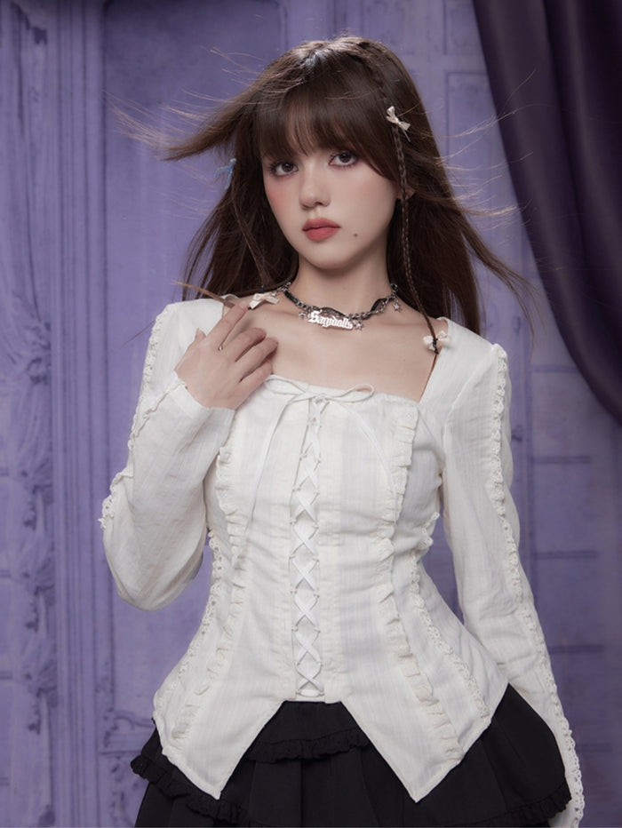 French sweet tie-front white square-neck blouse