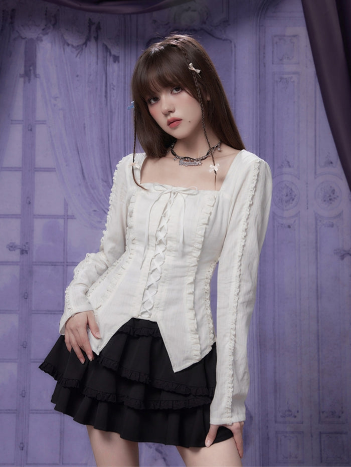 French sweet tie-front white square-neck blouse