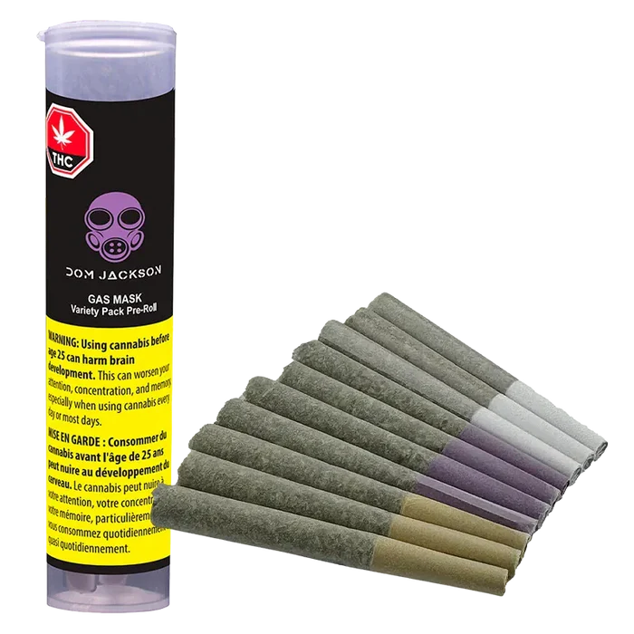 Angled view of a tube and fan of pre-rolled joints, showing the Gas Mask Variety Pack PR 12 x 0.5 g tube label and twelve gray paper rolls.