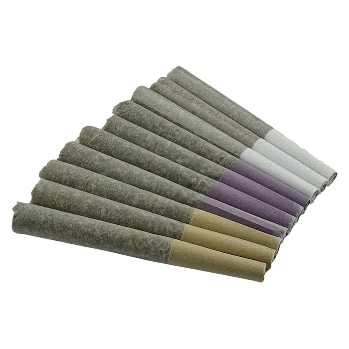 Diagonal top-down view of a fan of pre-rolled joints labeled Gas Mask Variety Pack PR 12 x 0.5 g, showing grey paper with purple, white, and tan filters.