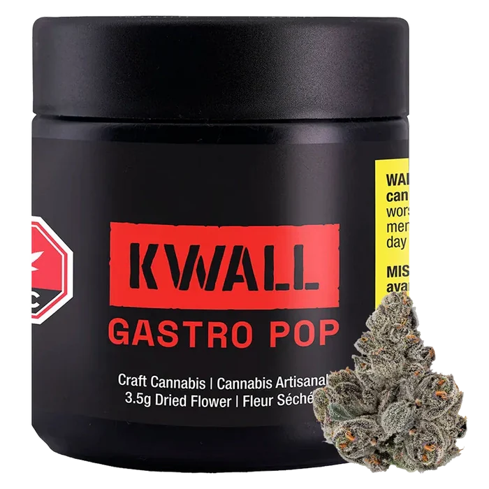 Front-facing shot of a black jar labeled "KWALL GASTRO POP" with bold red logo and a frosty cannabis bud at the lower right.