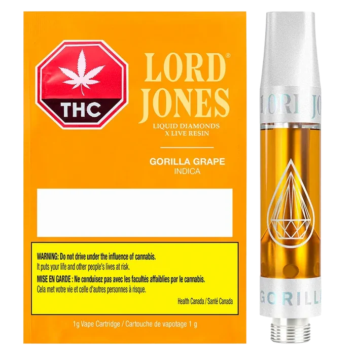 Front-facing shot of the Gorilla Grape Liquid Diamonds x Live Resin Vape Cartridge packaging and 1 g cartridge against a white background, showing the orange box art and clear amber oil in the silver-topped cartridge.