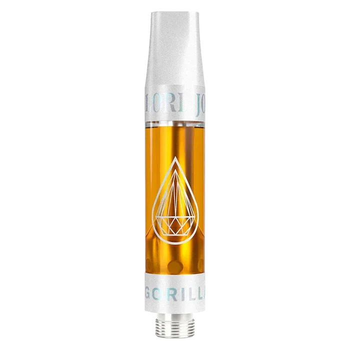 Close-up front view of a filled clear cartridge with amber oil and a white geometric droplet logo, labeled Gorilla Grape Liquid Diamonds x Live Resin Vape Cartridge.