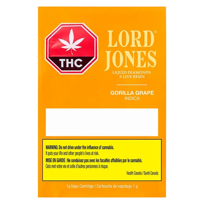 Front-facing bright orange package showing the Lord Jones Liquid Diamonds x Live Resin Vape Cartridge Gorilla Grape logo and THC warning.