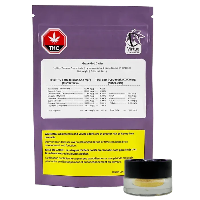Rear view of the purple pouch and small clear jar of Grape God Caviar, showing labels, warning box, and Virtue Cannabis logo.