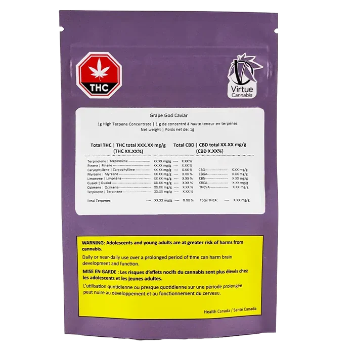 Rear view of a purple pouch labeled Grape God Caviar with a white terpene panel, red THC symbol and a yellow health warning.