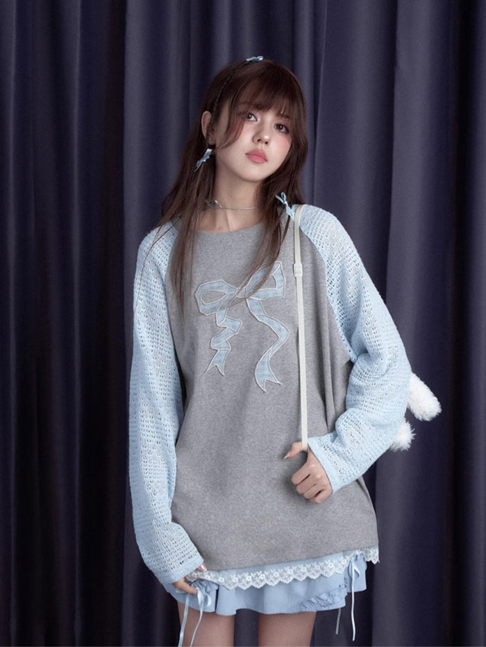 Gray-Blue Bow Long Sleeve Top
