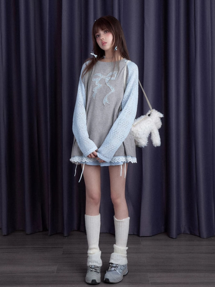 Gray-Blue Bow Long Sleeve Top