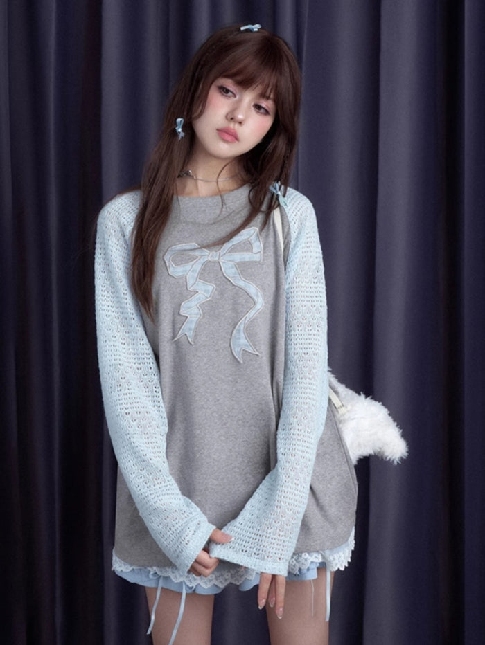 Gray-Blue Bow Long Sleeve Top