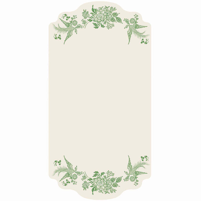 A white rectangular die-cut card featuring a green vintage Burleigh-style floral and bird design along the top and bottom edges.