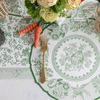 The Green Regal Peacock Runner under an elegant springtime place setting sans plate, from above.