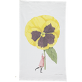 A white tea towel featuring a whimsical illustration of a small woman holding a gigantic yelllow pansy by the stem. Art by Laura Stoddart.