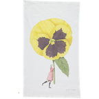 A white tea towel featuring a whimsical illustration of a small woman holding a gigantic yelllow pansy by the stem. Art by Laura Stoddart.