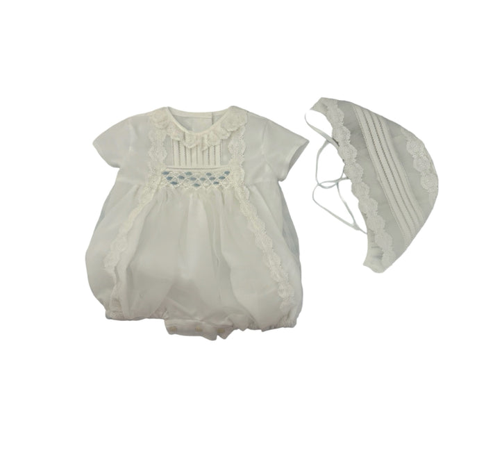 Isadoro Luxe Off white-blue Romper with Bonnet