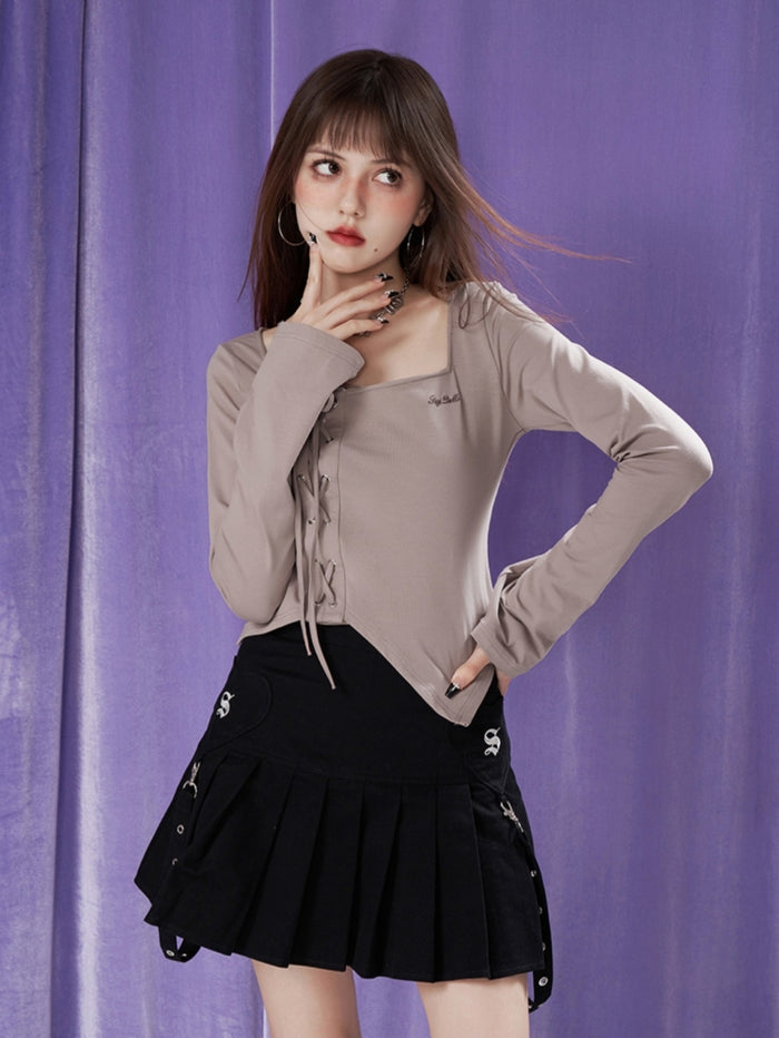 Khaki Sweet and Spicy Lace-Up Fitted Layered-Look Square Neck Top