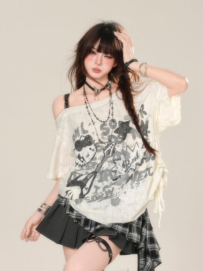Korean-Style Street Graffiti Loose Off-Shoulder T-Shirt