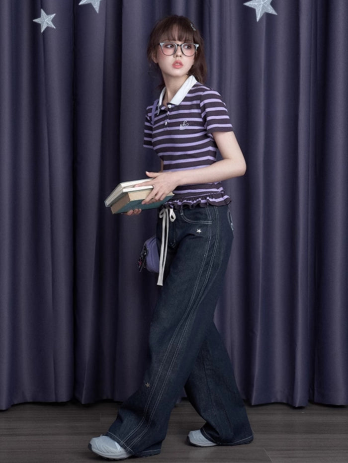 Lace-trimmed purple striped short-sleeve T-shirt