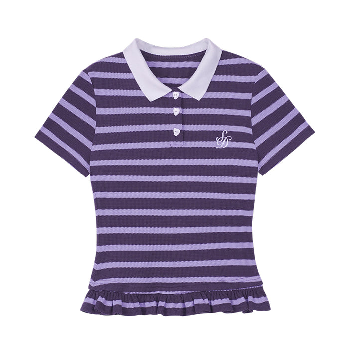 Lace-trimmed purple striped short-sleeve T-shirt
