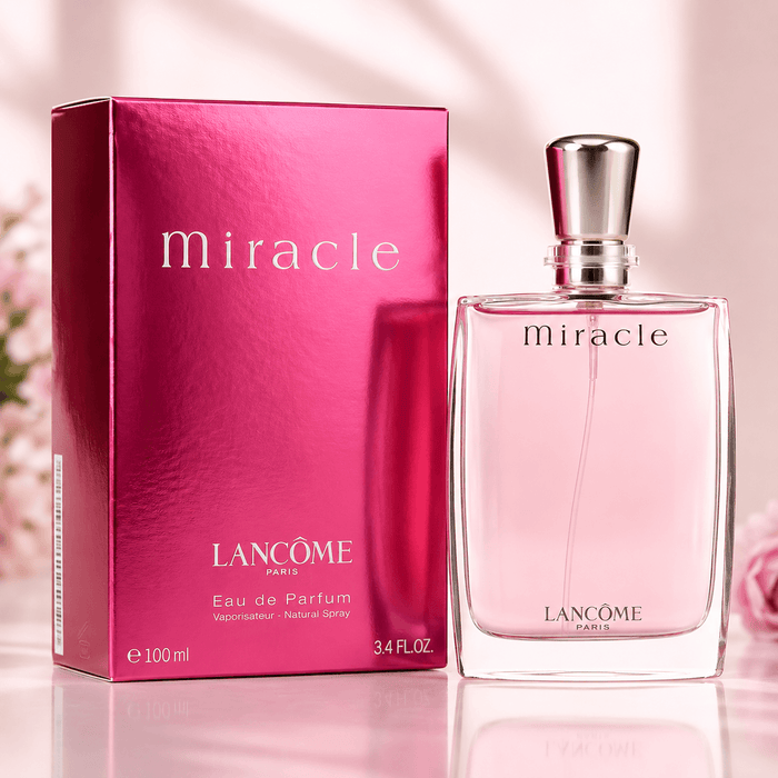 Lancome Miracle EDP Women perfume in a clear rectangular 100 ml glass bottle with metallic cap and bright pink carton