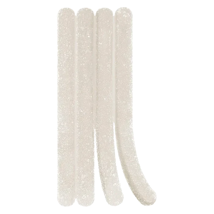 Top-down view of four pale sugar-coated Lemonade Splash Gummies laid side by side on a white background.