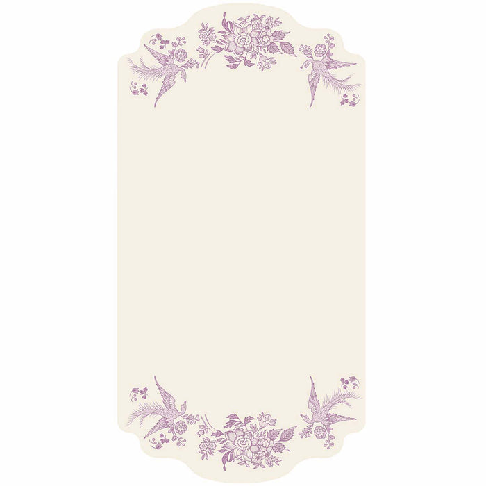 A white rectangular die-cut card featuring a lilac purple vintage Burleigh-style floral and bird design along the top and bottom edges.